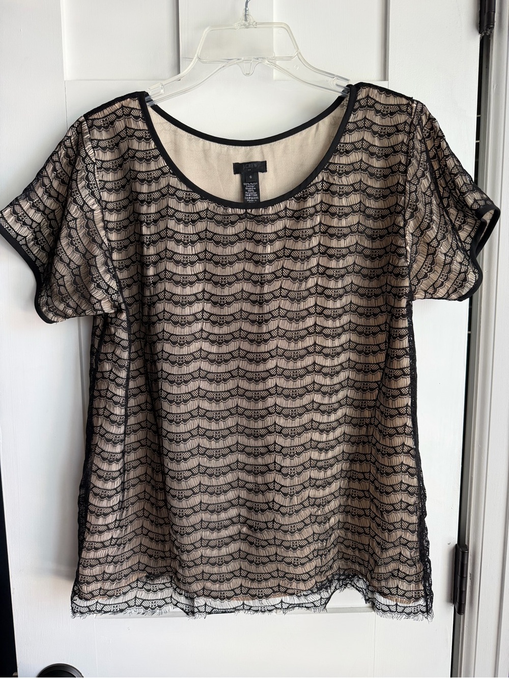 J. Crew Factory Black Lace Overlay Top with Beige Underlayer